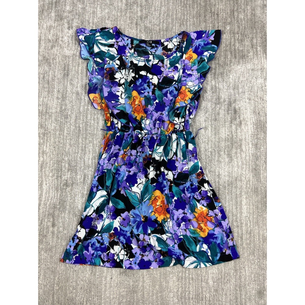 XXI Mini Dress Womens Small Purple Floral Ruffle Sleeve Elastic Waist Fit Flare